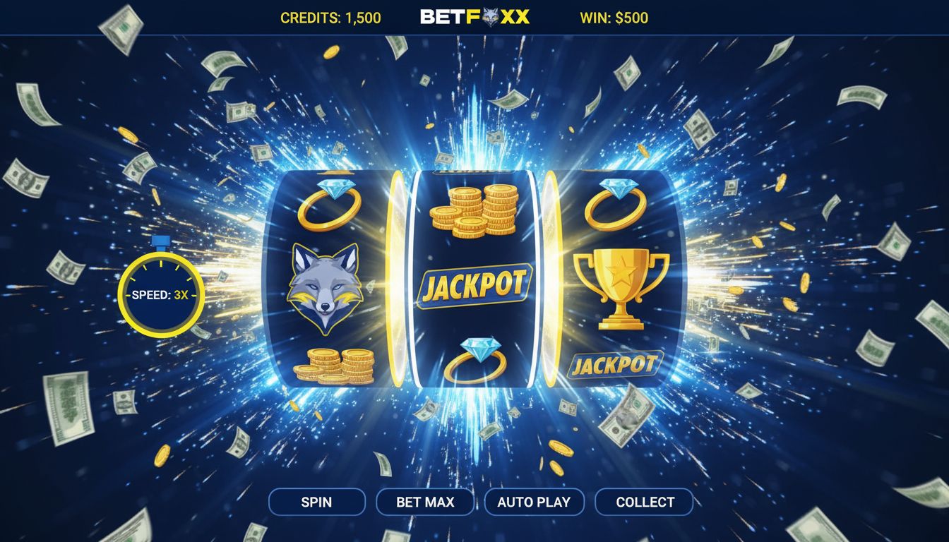 Slot machine reels with explosions, cash and speed stopwatch.